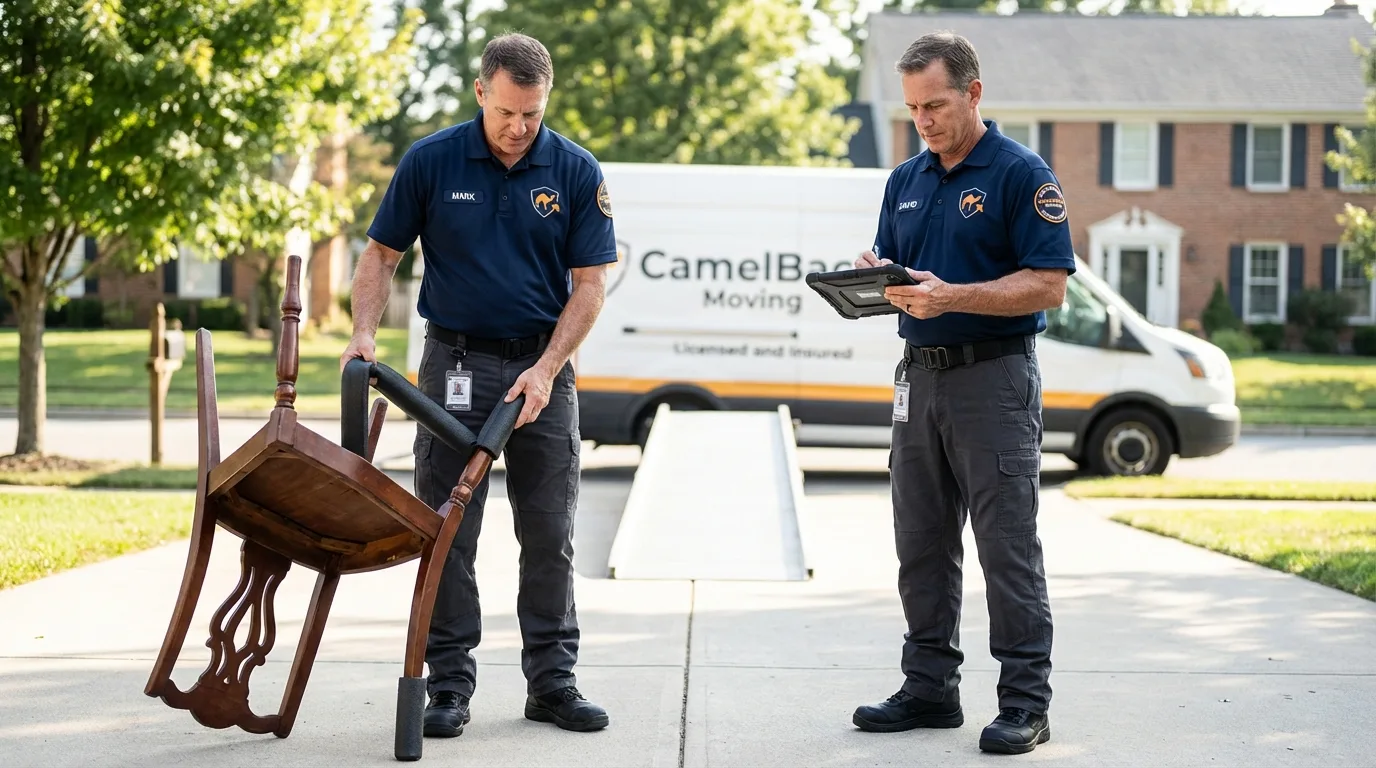 Movers inspecting furniture for damage prevention before loading in Bethel Island, CA