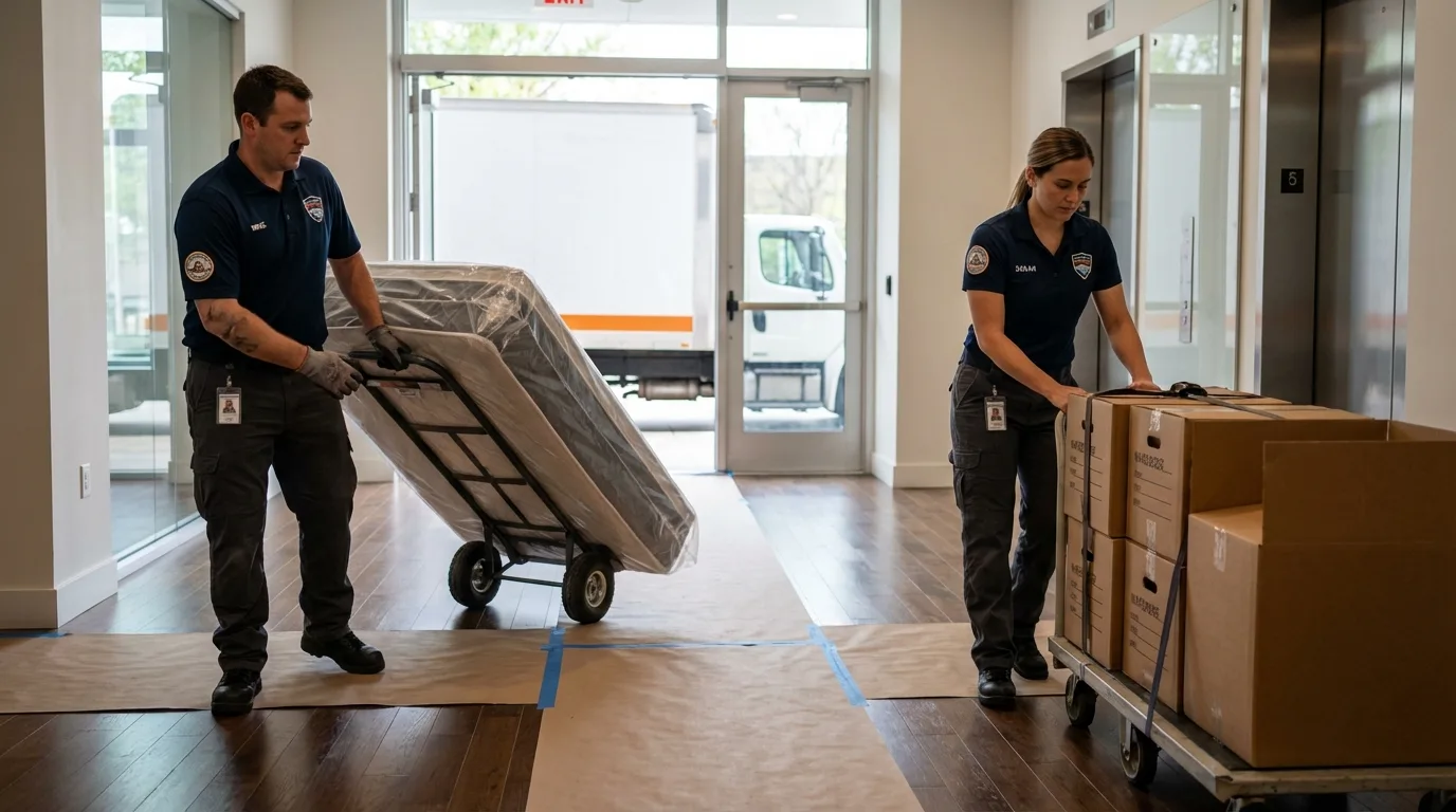 Professional apartment movers loading elevator in Bethel Island, CA