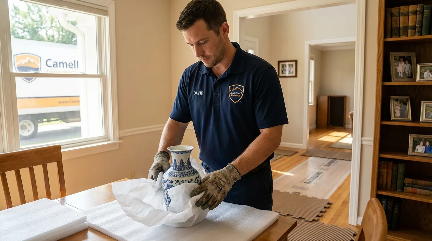 Professional crew carefully wrapping antique vase for senior downsizing move in Bethel Island, CA